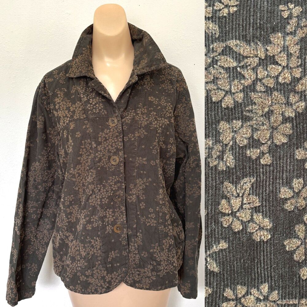 Womens Cottagecore Floral Corduroy Button Up Medium Vintage Boho Earthy Granola